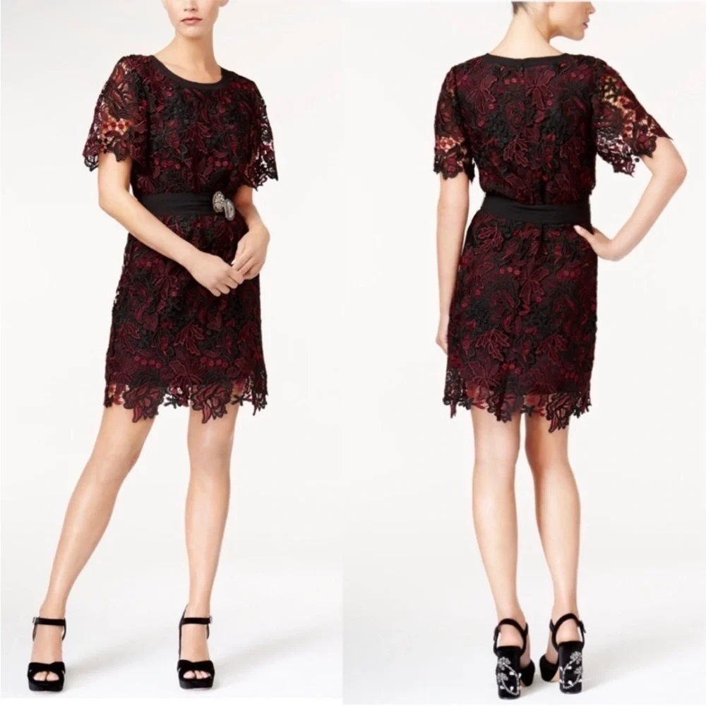 Kobi Halperin Lace Dress Black Red Belt Tie Short Sleeve Party Wedding Event - Picture 2 of 6